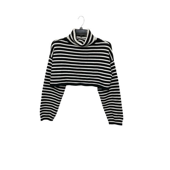 Olivaceous Black/White Crop Striped Long Sleeve Turtleneck Sweater Size Large - Picture 2 of 6